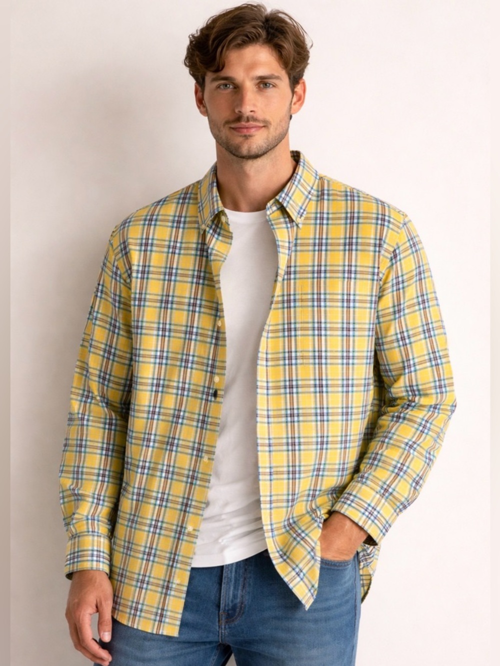 Men's Yellow blue white plaid Button-Down Shirt large arrow